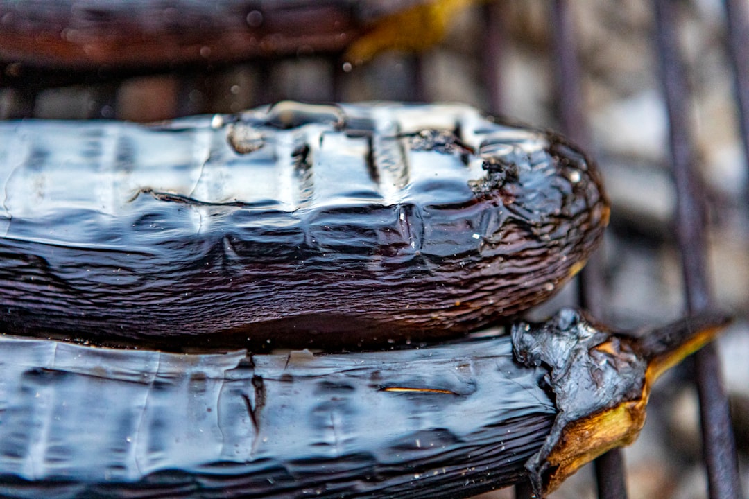 Aubergine grillée avec peau caramélisée et chair tendre visible en coupe
